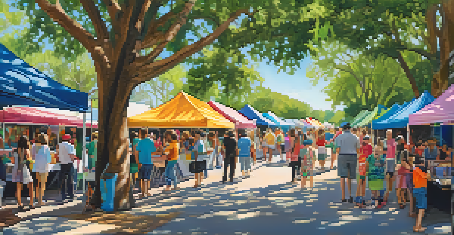 A community art festival in a park with local artists, families, and children engaging in art activities, surrounded by colorful banners and greenery under a blue sky.