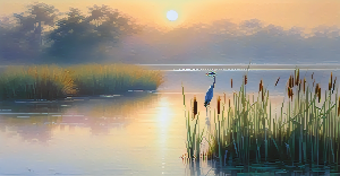 A peaceful wetland scene at dawn with water, reeds, and herons under a pastel-colored sky.