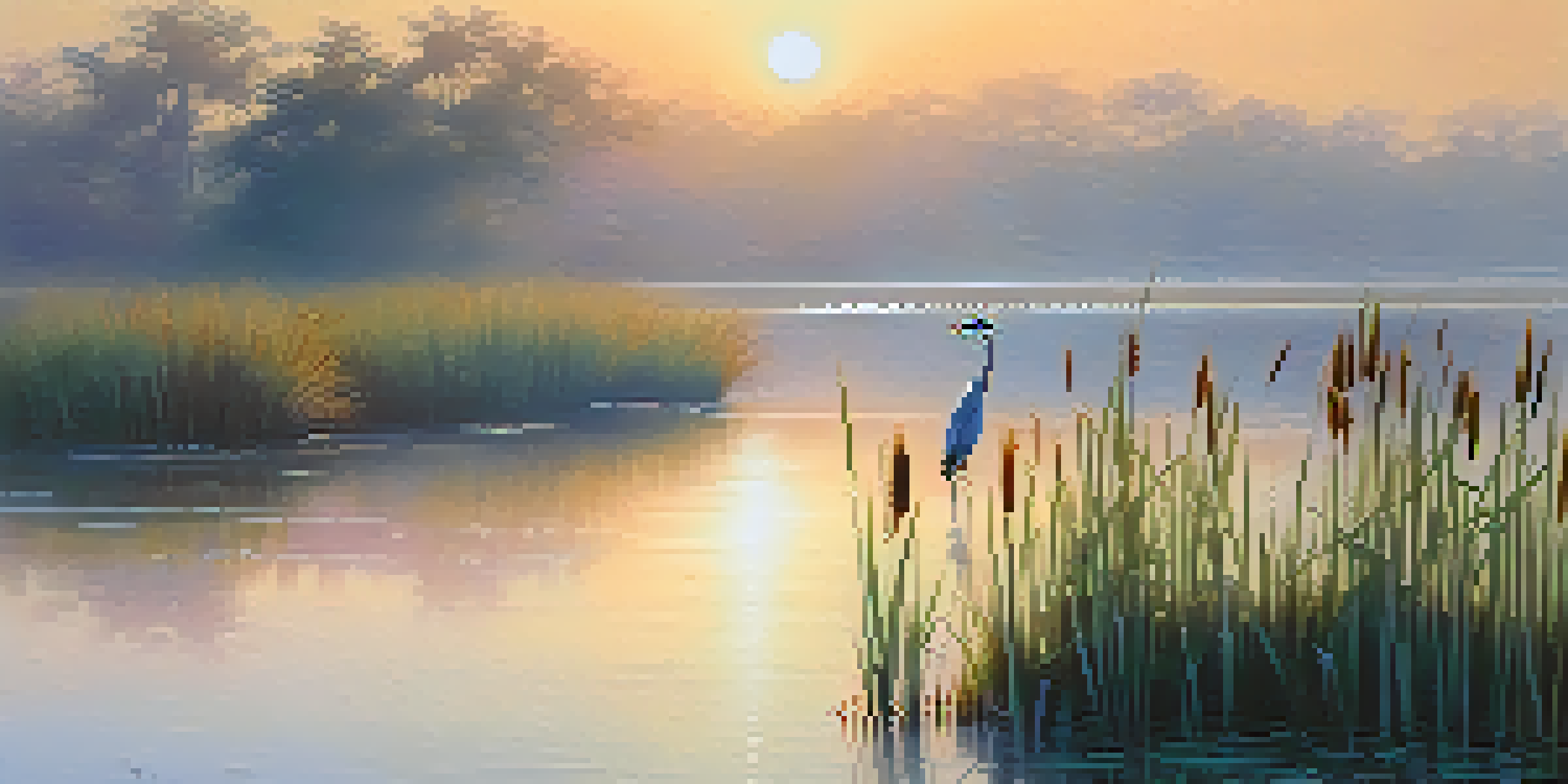 A peaceful wetland scene at dawn with water, reeds, and herons under a pastel-colored sky.
