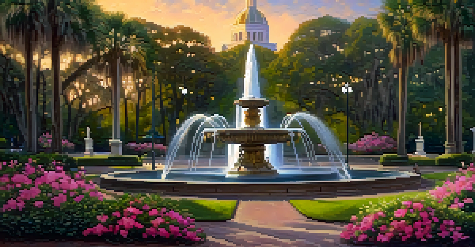 Forsyth Fountain in Forsyth Park, beautifully lit at night, surrounded by flowers and trees, with people admiring it.