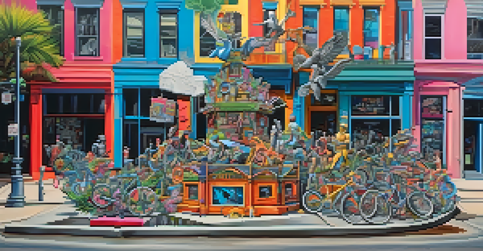 A vivid urban scene showcasing recycled material sculptures in Savannah, surrounded by colorful street art.