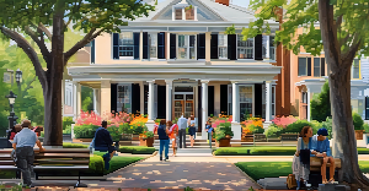 A lively square surrounded by historic buildings, with people talking, gardens, and an artist painting.