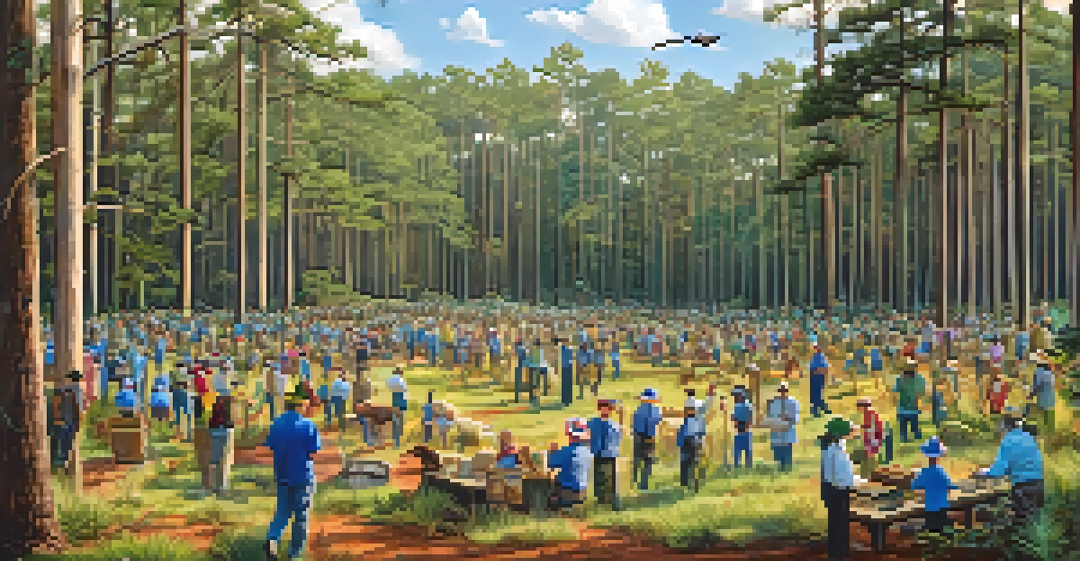 Community members planting native species for wildlife restoration in Savannah under a clear blue sky.