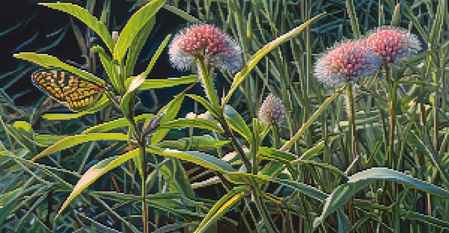 A detailed close-up of native plants in Savannah's coastal marshlands, showcasing their textures and colors with morning dew and an insect.
