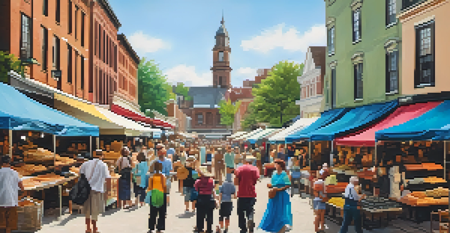 A lively street scene at River Street Market in Savannah, featuring artisans, treats, and street performers against a historic backdrop.