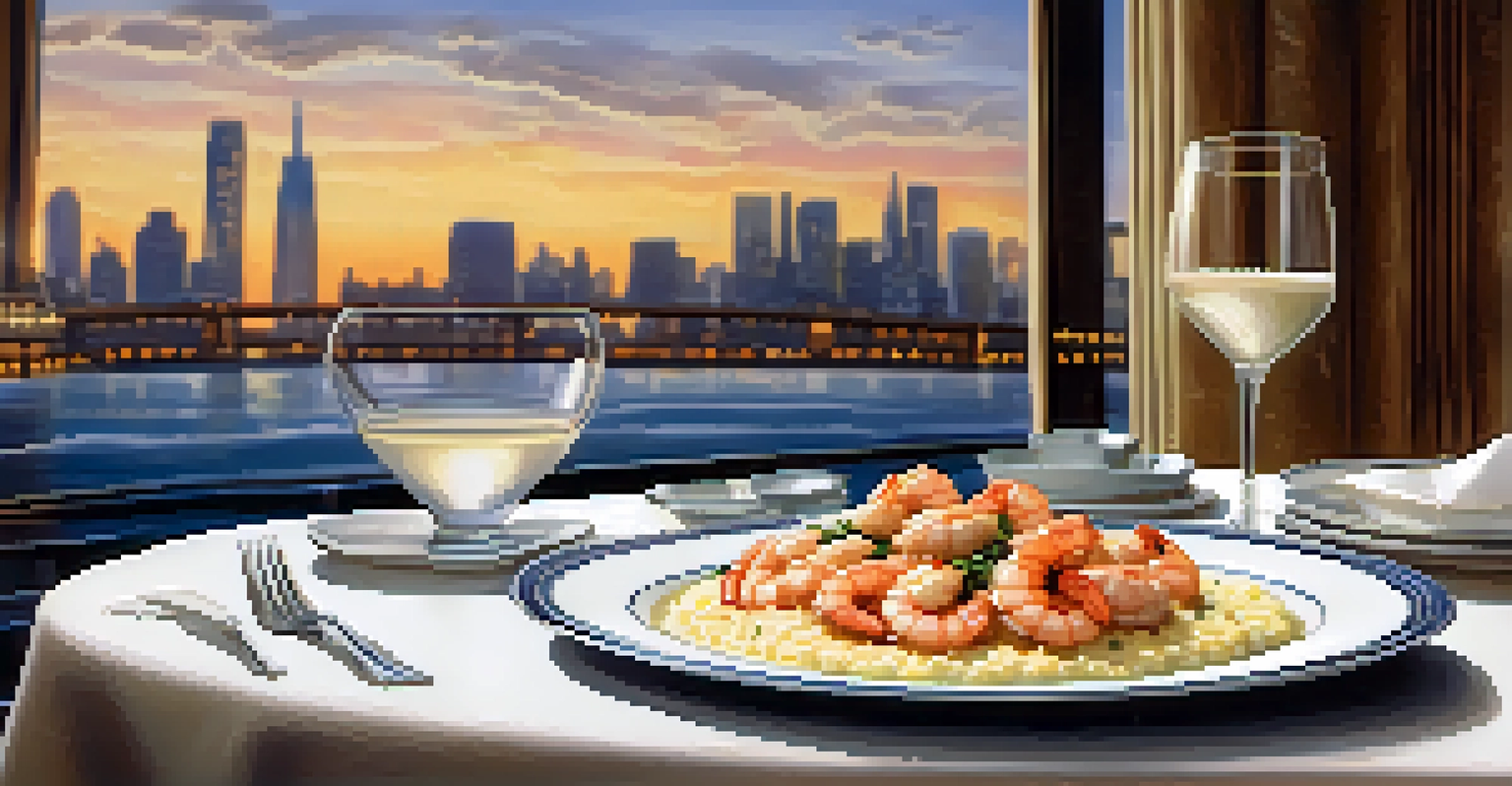 An elegantly set dining table on a riverboat, showcasing gourmet shrimp and grits with a view of the Savannah River.
