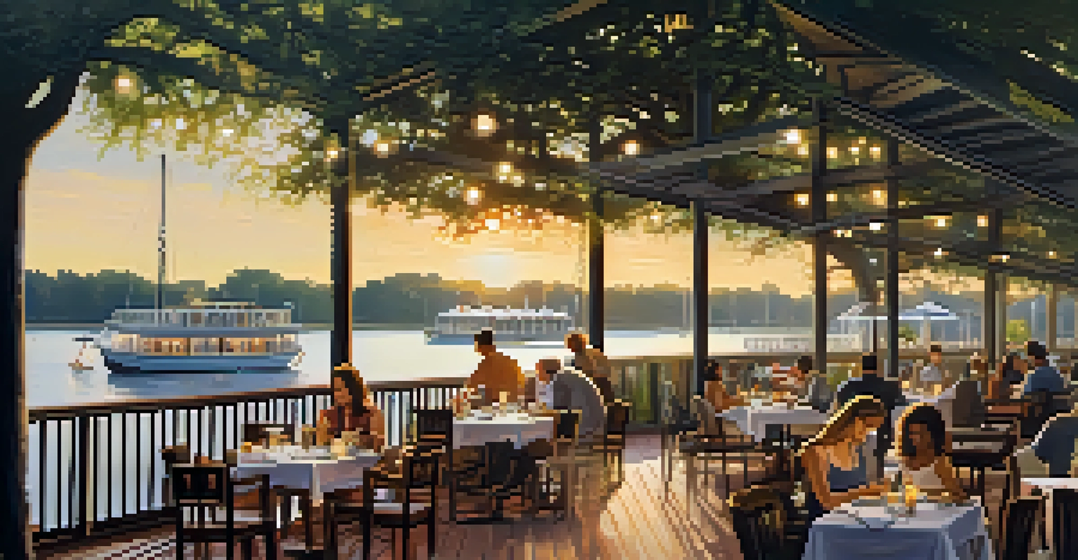 A waterfront restaurant with diners enjoying seafood on an outdoor patio by the Savannah River, framed by greenery.