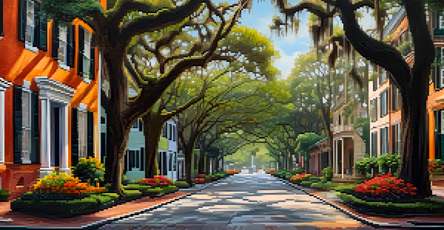 A landscape painting of ancient oak trees with Spanish moss, vibrant flowers, and a picturesque square in Savannah.