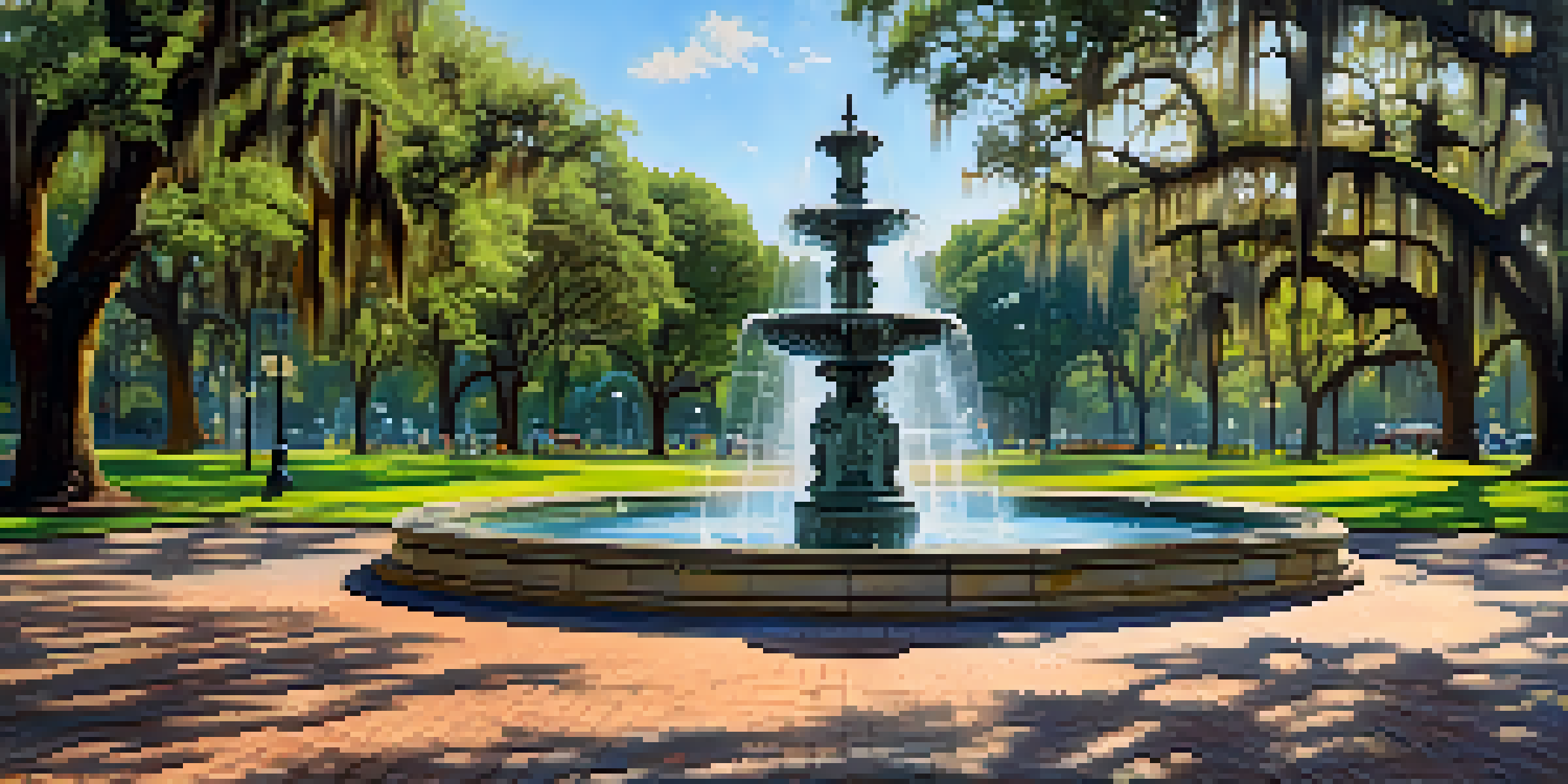 A scenic park with a fountain, green lawns, and trees, where families picnic and joggers run along paths.