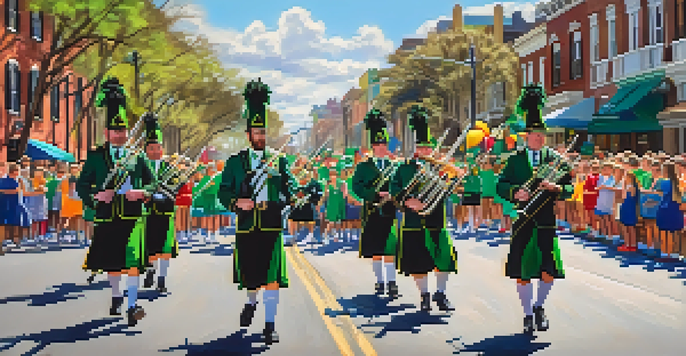 A vibrant St. Patrick's Day parade in Savannah featuring colorful floats, bagpipers, and families dressed in green, with historic buildings in the background.