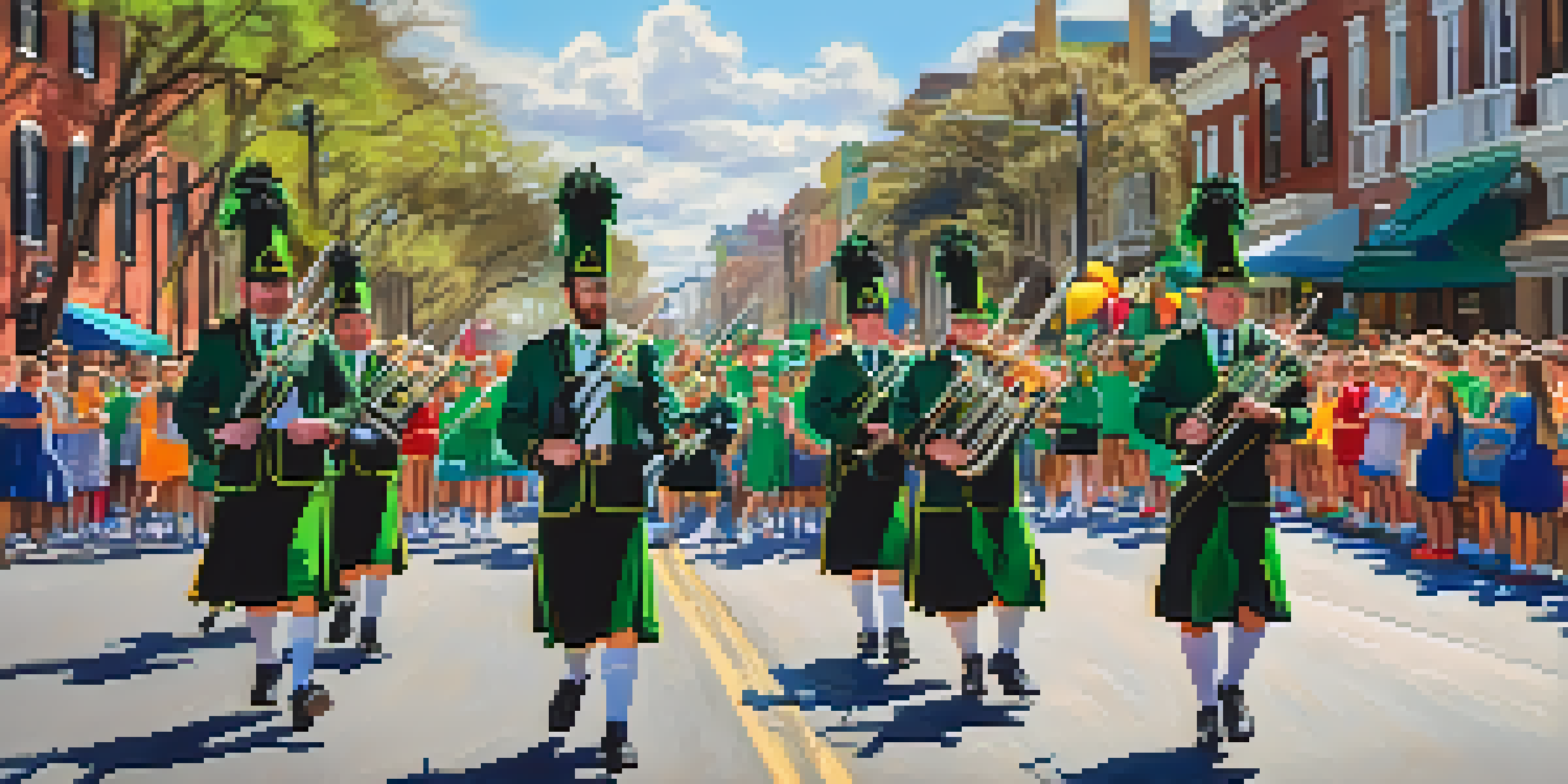 A vibrant St. Patrick's Day parade in Savannah featuring colorful floats, bagpipers, and families dressed in green, with historic buildings in the background.