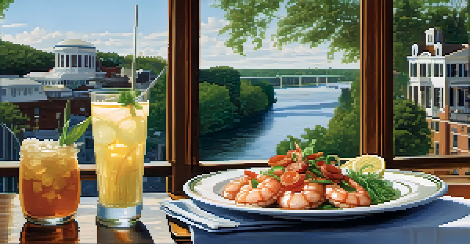 A plate of Southern cuisine on a riverboat, showcasing shrimp and grits, fried green tomatoes, and a scenic river view.