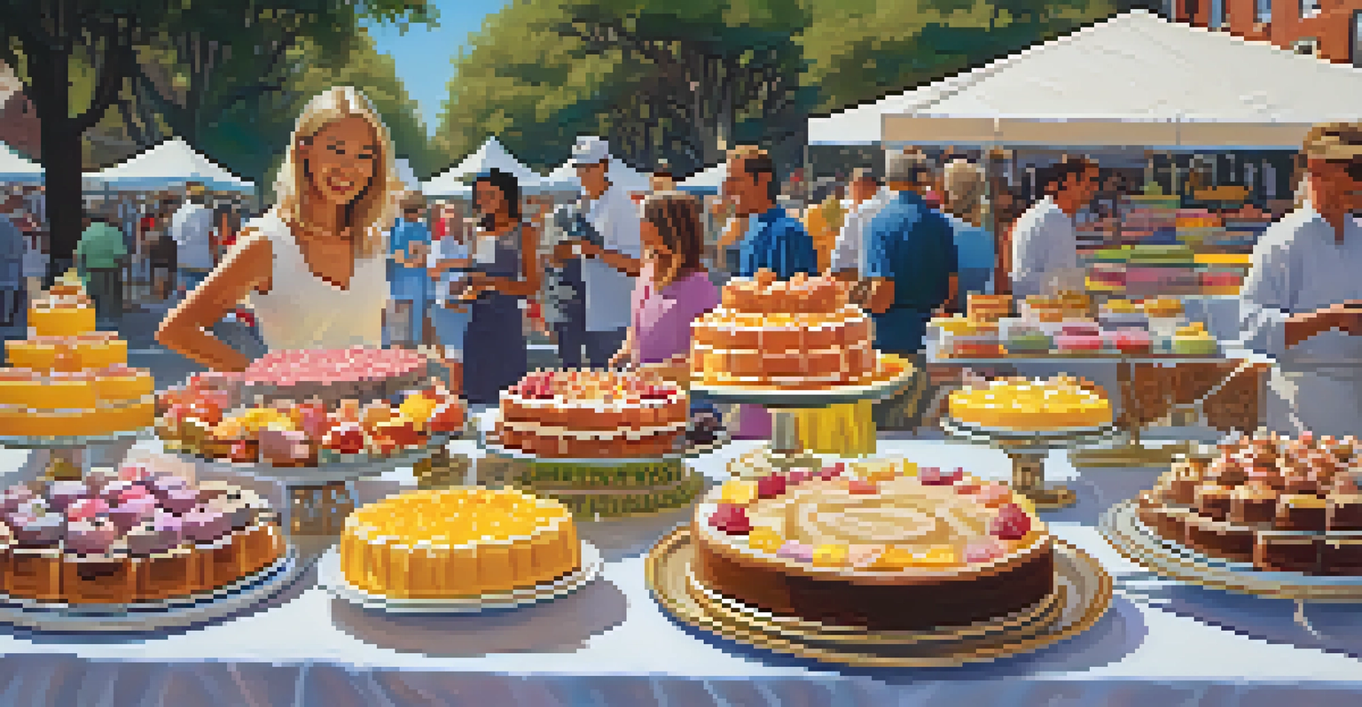 A vibrant dessert festival scene with tables full of colorful cakes and pastries, enjoyed by families and children under a festive canopy.