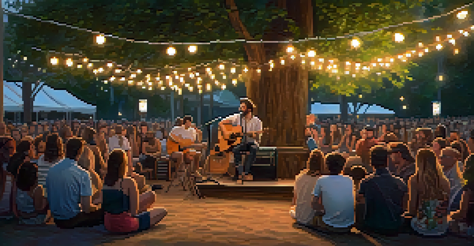 A local musician performing on stage at Savannah's music festival, illuminated by warm lights, with an engaged audience enjoying the performance.