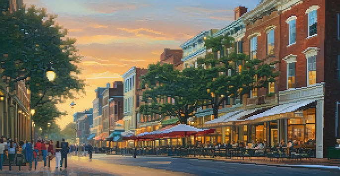 A scenic sunset view of River Street in Savannah, with cobblestone streets, historic buildings, and lively street performers.