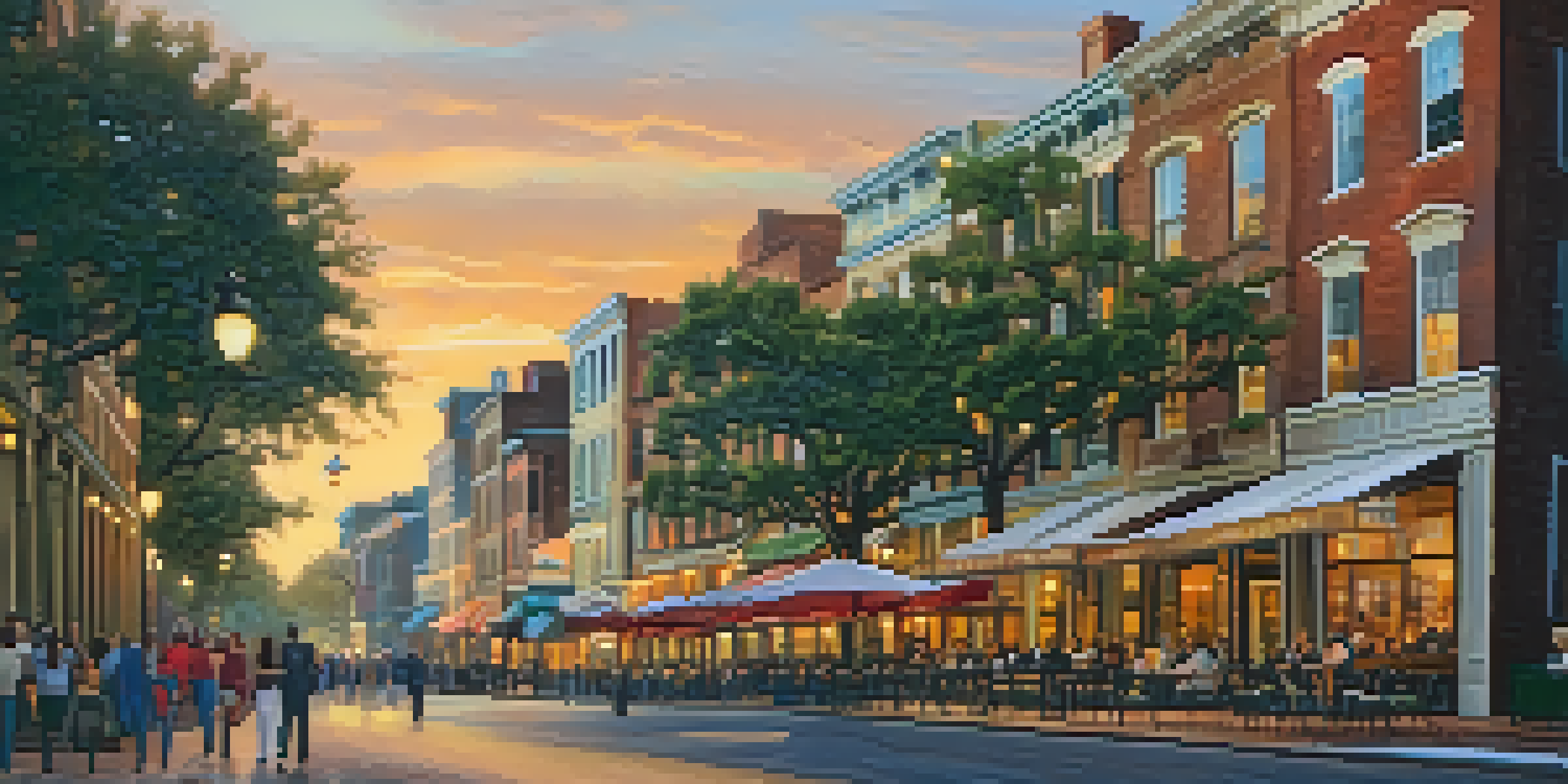 A scenic sunset view of River Street in Savannah, with cobblestone streets, historic buildings, and lively street performers.