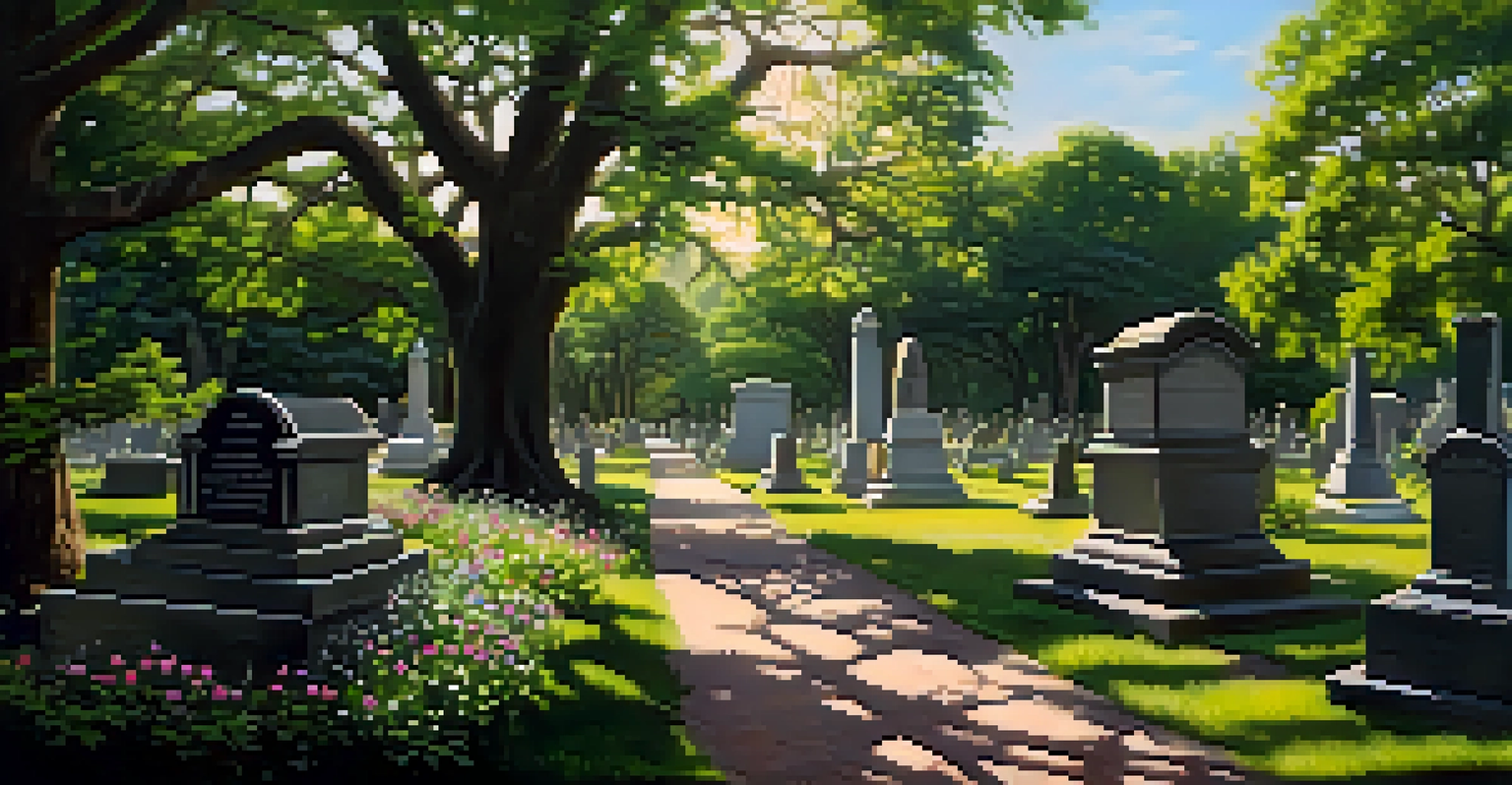 A picturesque view of Colonial Park Cemetery with old gravestones and vibrant flowers under gentle sunlight.