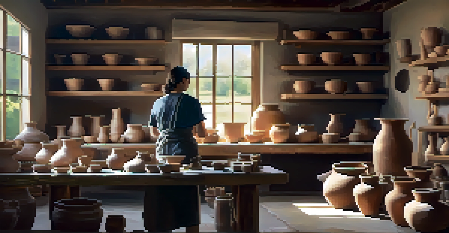 A potter working in a sunlit workshop, surrounded by handcrafted pottery, emphasizing the artistry and craftsmanship involved.