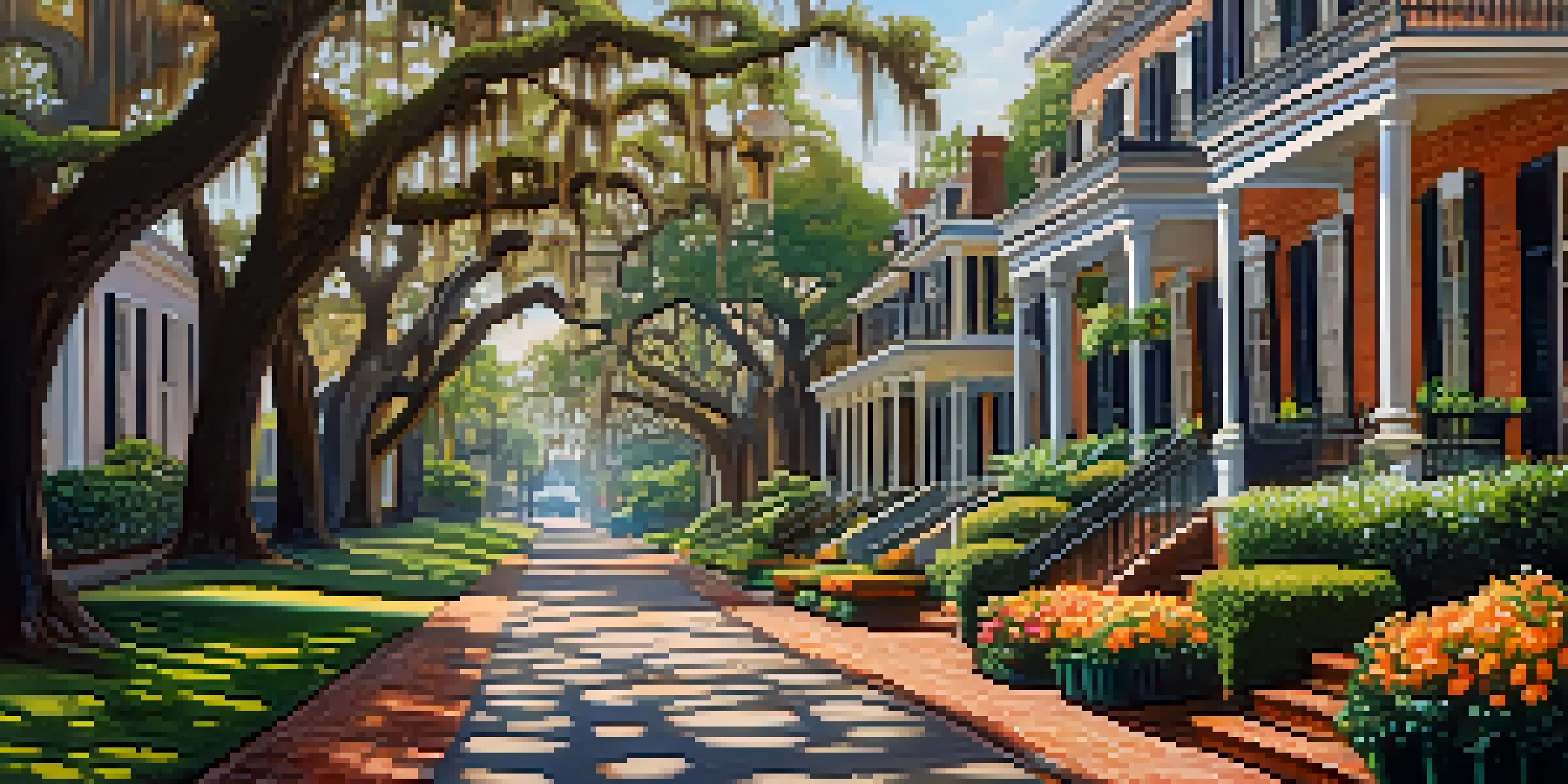 A sunny cobblestone street in Savannah's Historic District, lined with oak trees and Victorian homes, showcasing blooming flowers and dappled sunlight.