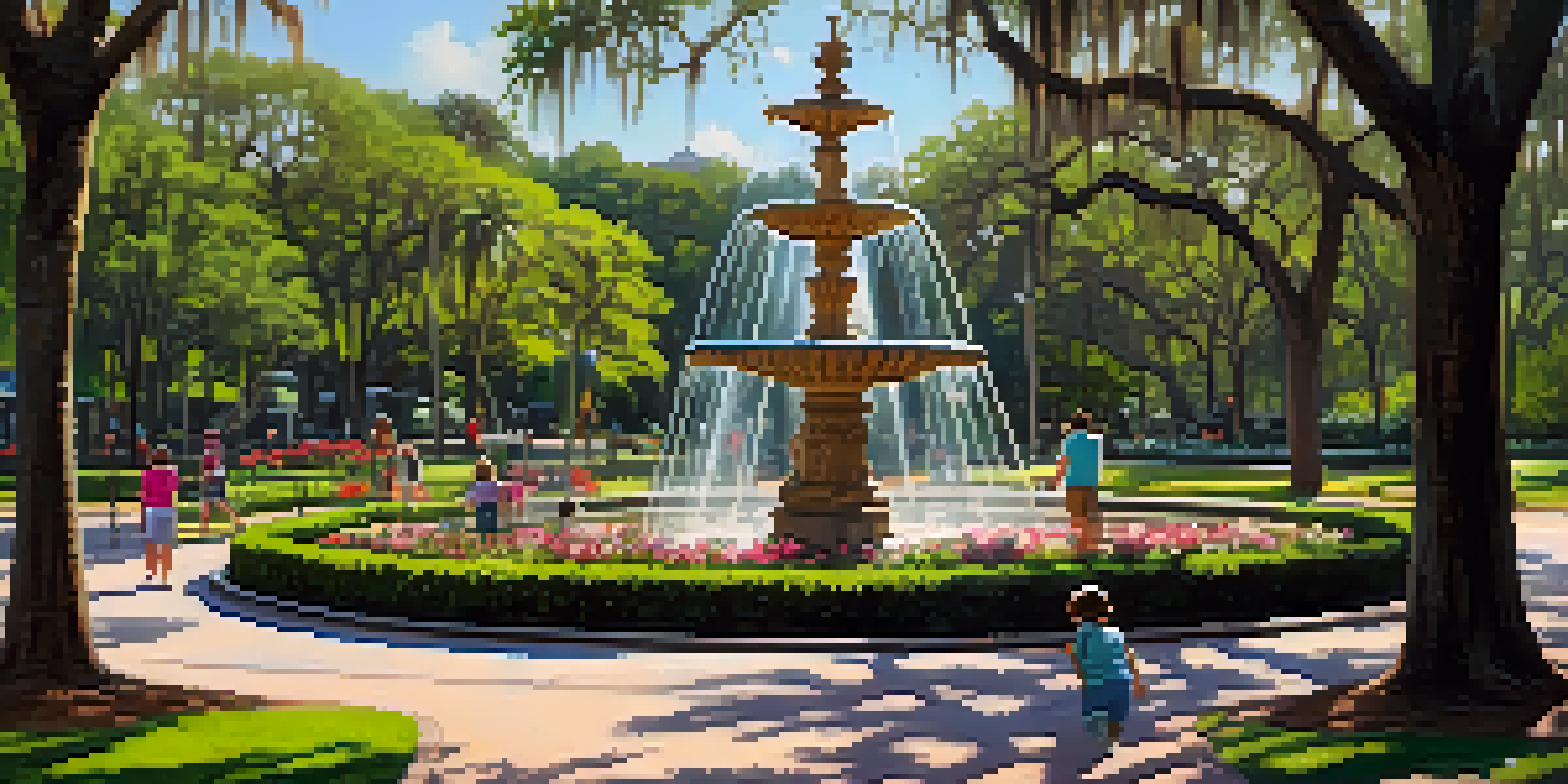 A peaceful scene in Forsyth Park with a fountain, blooming flowers, and families enjoying the day.