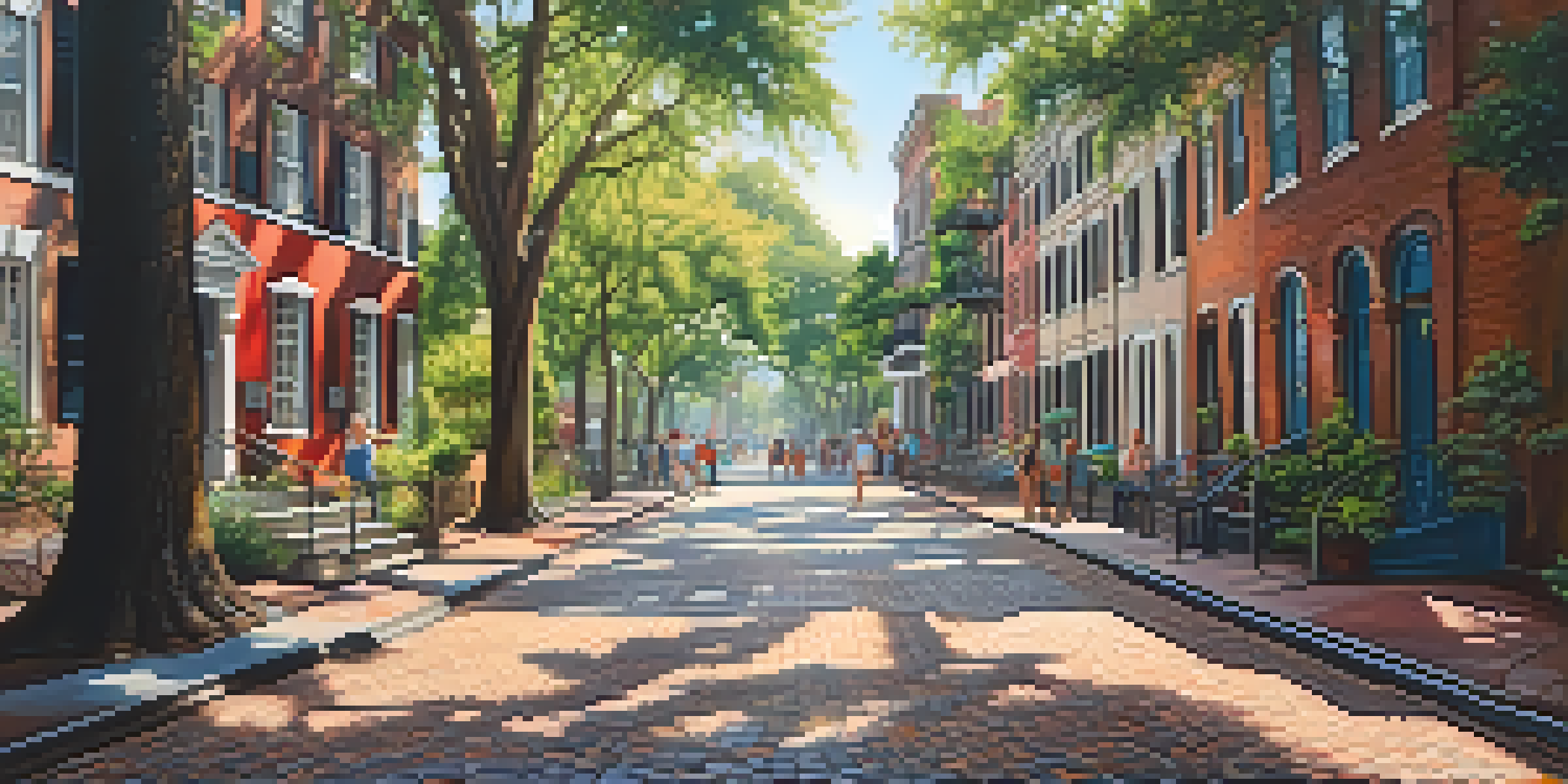A lively street in Savannah with historic buildings, cobblestone pathways, and artists painting murals, surrounded by greenery and sunlight.