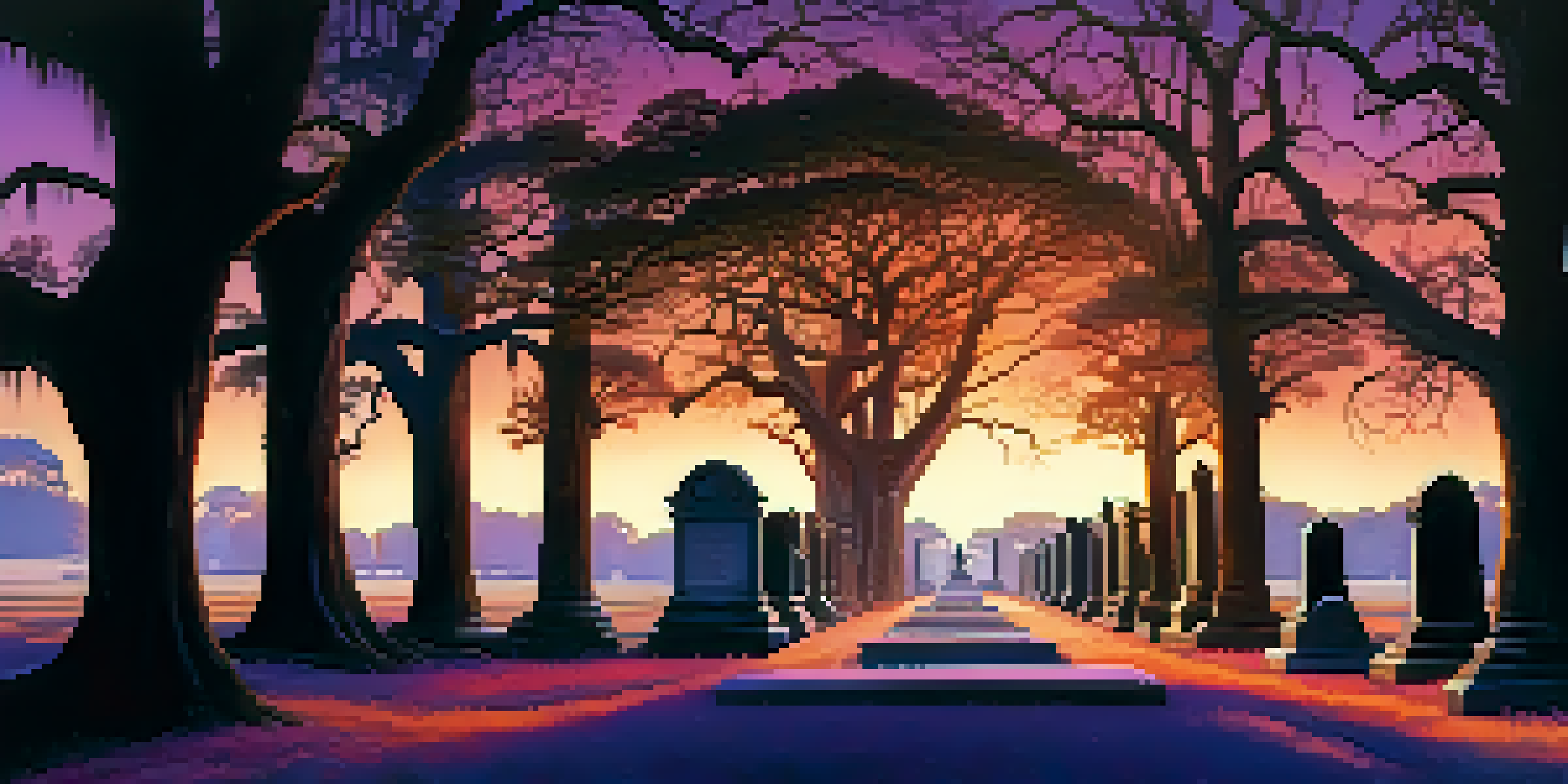 A serene view of Bonaventure Cemetery with moss-covered trees and crumbling tombstones under a twilight sky.