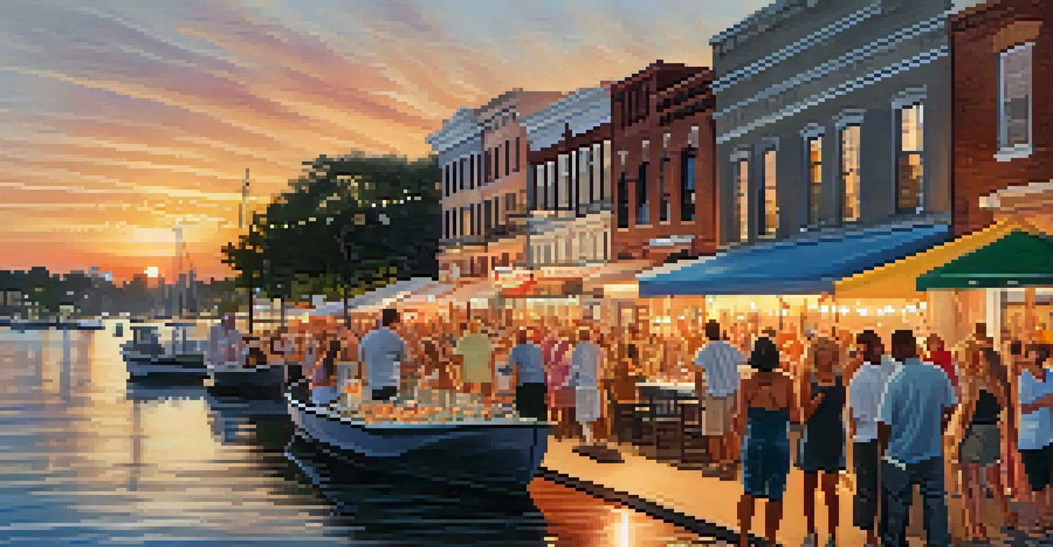 A sunset view over River Street during a seafood festival with people enjoying food and music.