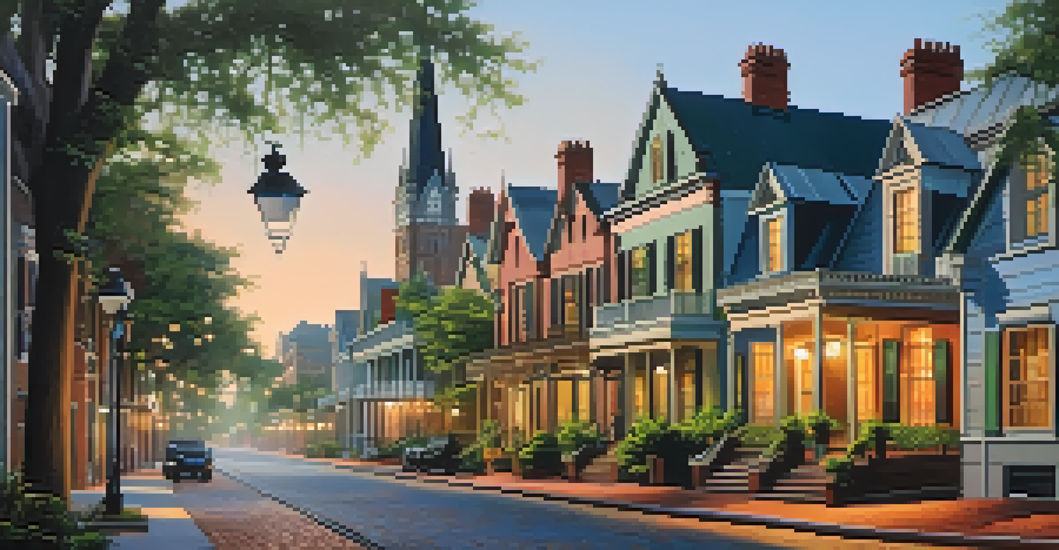 A scenic street in Savannah with Gothic Revival buildings and cobblestone streets, surrounded by lush greenery in warm golden hour light.