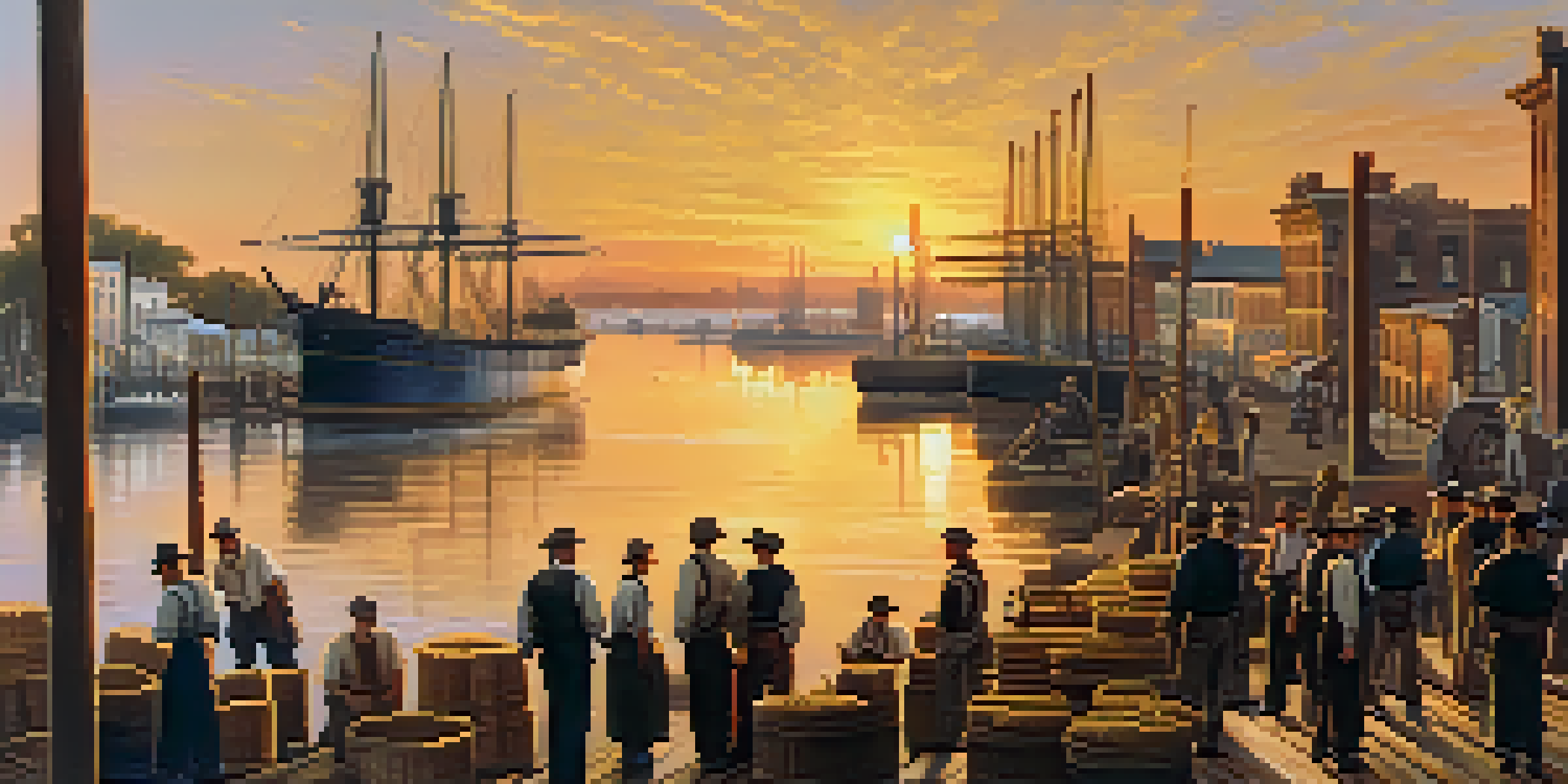 A colorful illustration of Savannah's port before the Civil War, with ships, merchants, and cotton bales under a golden sunset.