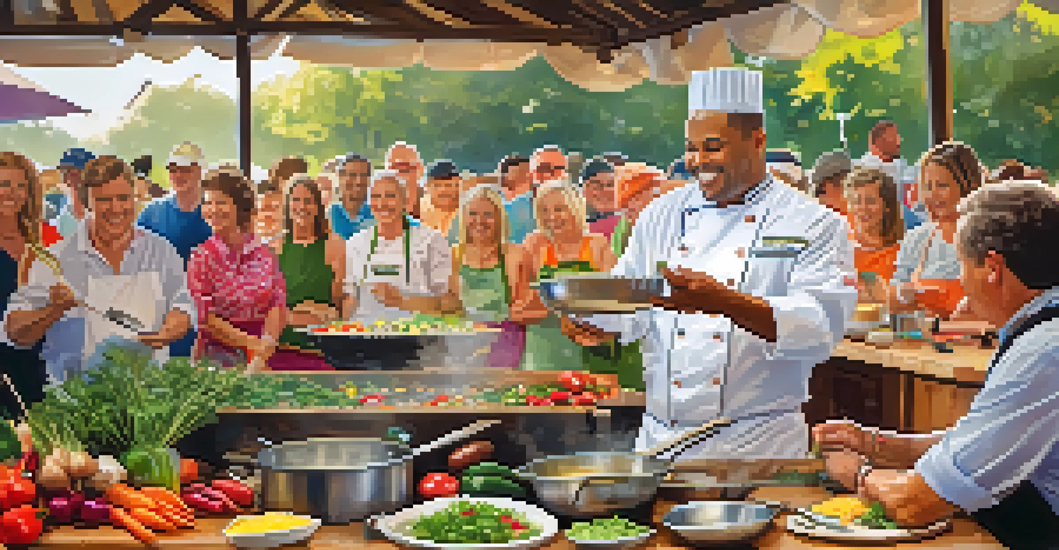 A chef demonstrating cooking techniques at a food festival, with fresh ingredients and an interested audience watching attentively.