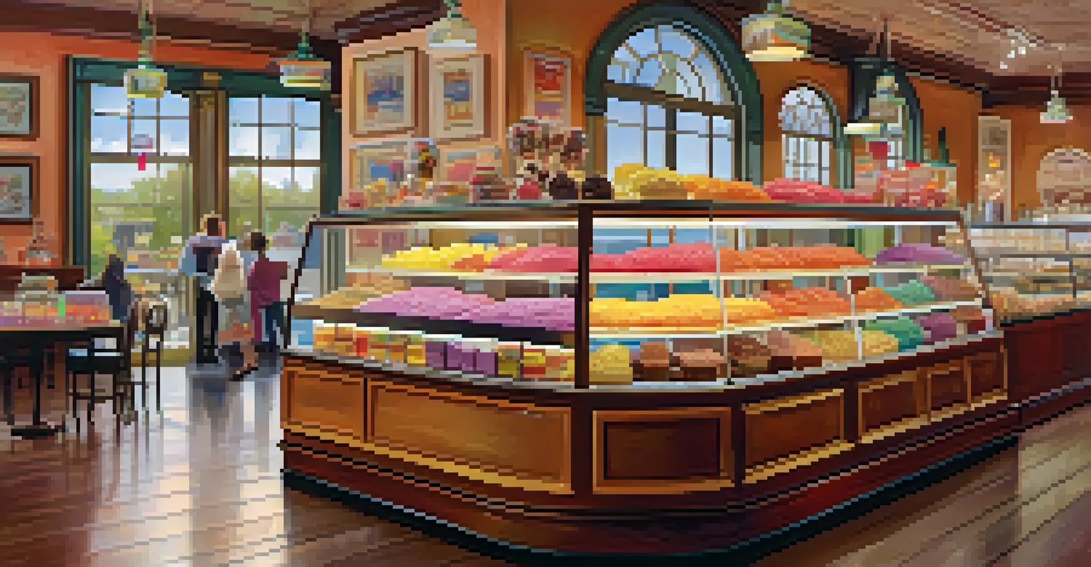 A cozy dessert shop displaying colorful candies and confections, with customers enjoying their sweets in a warm ambiance.