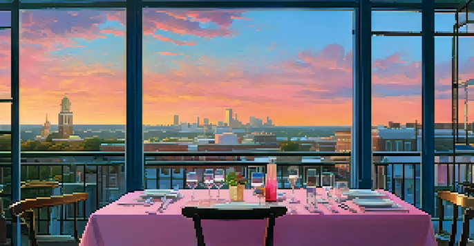 A rooftop restaurant with a sunset view over Savannah, featuring a beautifully set table with gourmet dishes and cocktails.