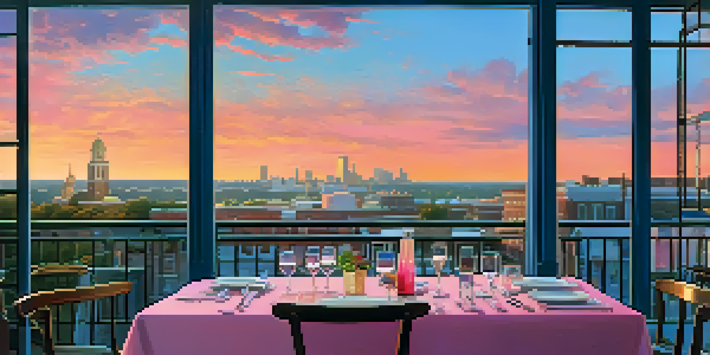 A rooftop restaurant with a sunset view over Savannah, featuring a beautifully set table with gourmet dishes and cocktails.