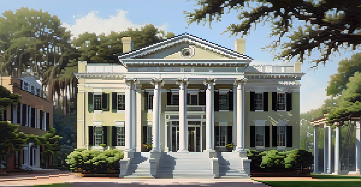 A Greek Revival building in Savannah with grand columns and white facade, surrounded by green trees.