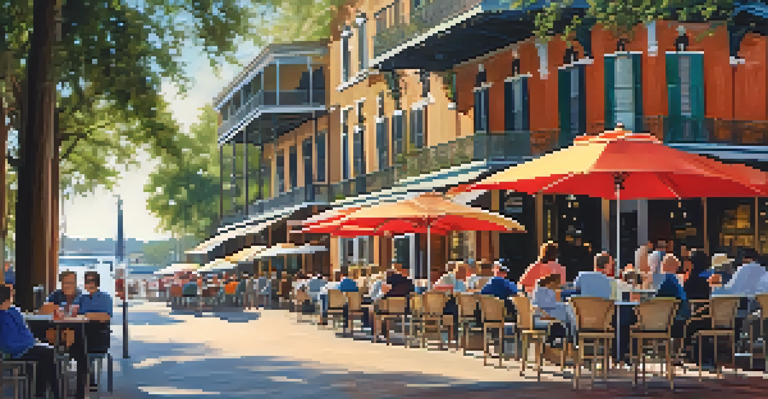 An outdoor café scene on River Street in Savannah, featuring colorful umbrellas and patrons enjoying drinks with the river and historic buildings in the background.