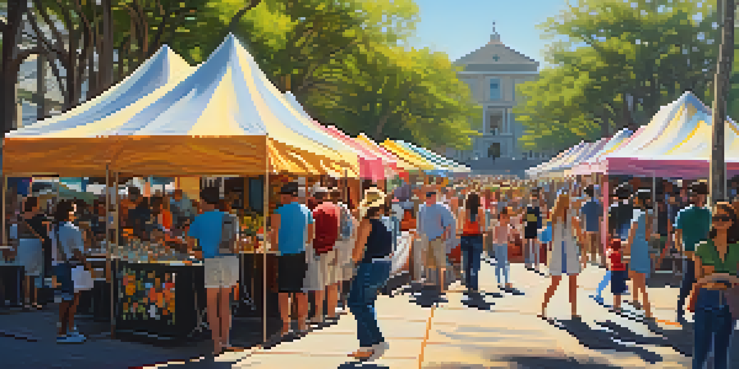 A lively outdoor art festival with colorful tents, blooming flowers, and people enjoying the atmosphere under sunlight filtered through trees.