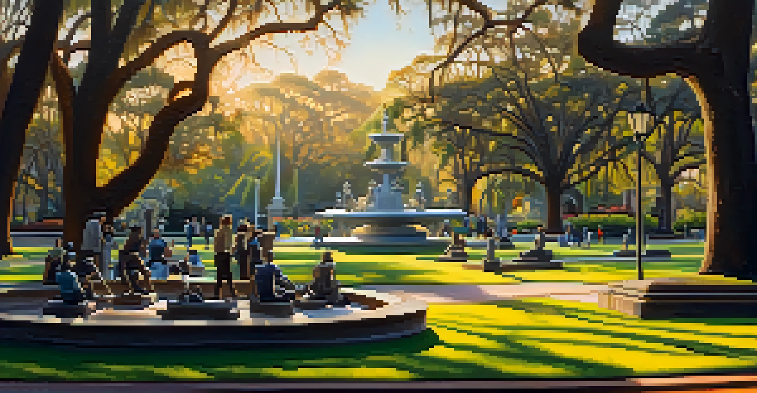 An artistic view of Forsyth Park with sculptures among the gardens, and visitors interacting with the artworks under the warm glow of the sunset.