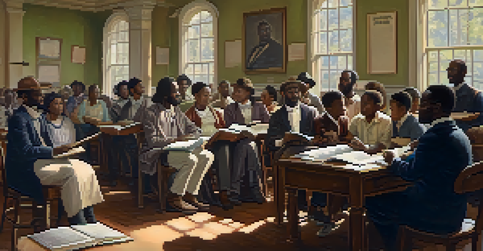 A group of newly freed African Americans in Savannah engaged in education and discussion in a sunlit community center.