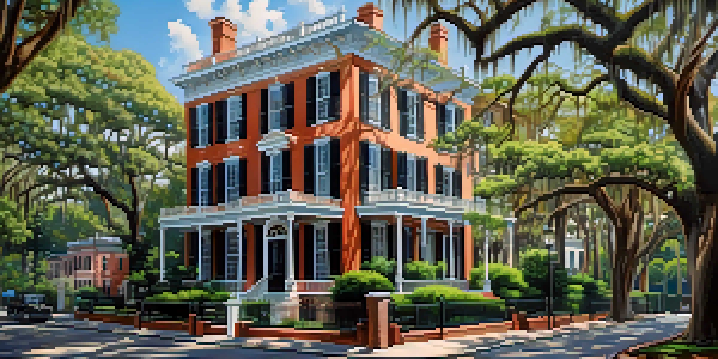 A beautiful view of Savannah's historic district featuring the Owens-Thomas House with lush greenery and blooming flowers under a blue sky.