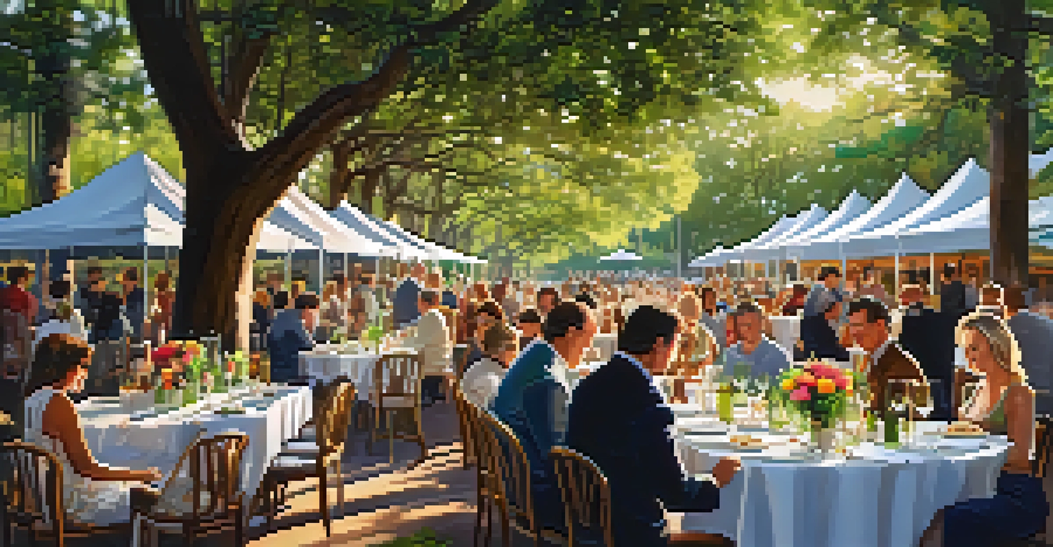 A picturesque scene from the Savannah Food & Wine Festival, showcasing a table filled with Southern dishes and wines, with chefs and attendees enjoying the festivities.