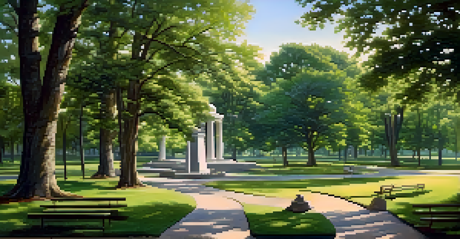 A peaceful view of Battlefield Park with walking trails, monuments, and lush greenery.