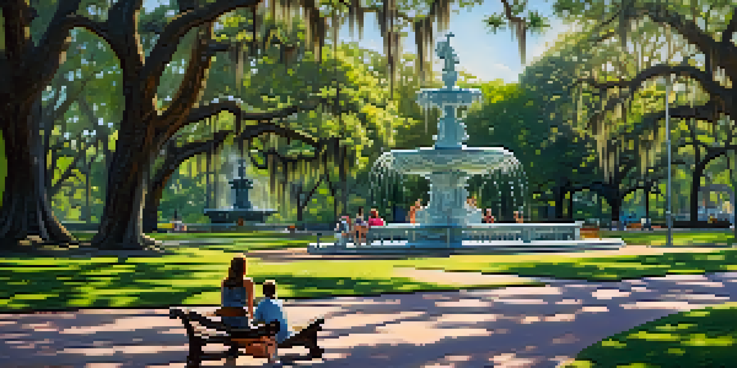A serene view of Forsyth Fountain in Forsyth Park, with surrounding greenery and blooming flowers, and couples sitting on benches.