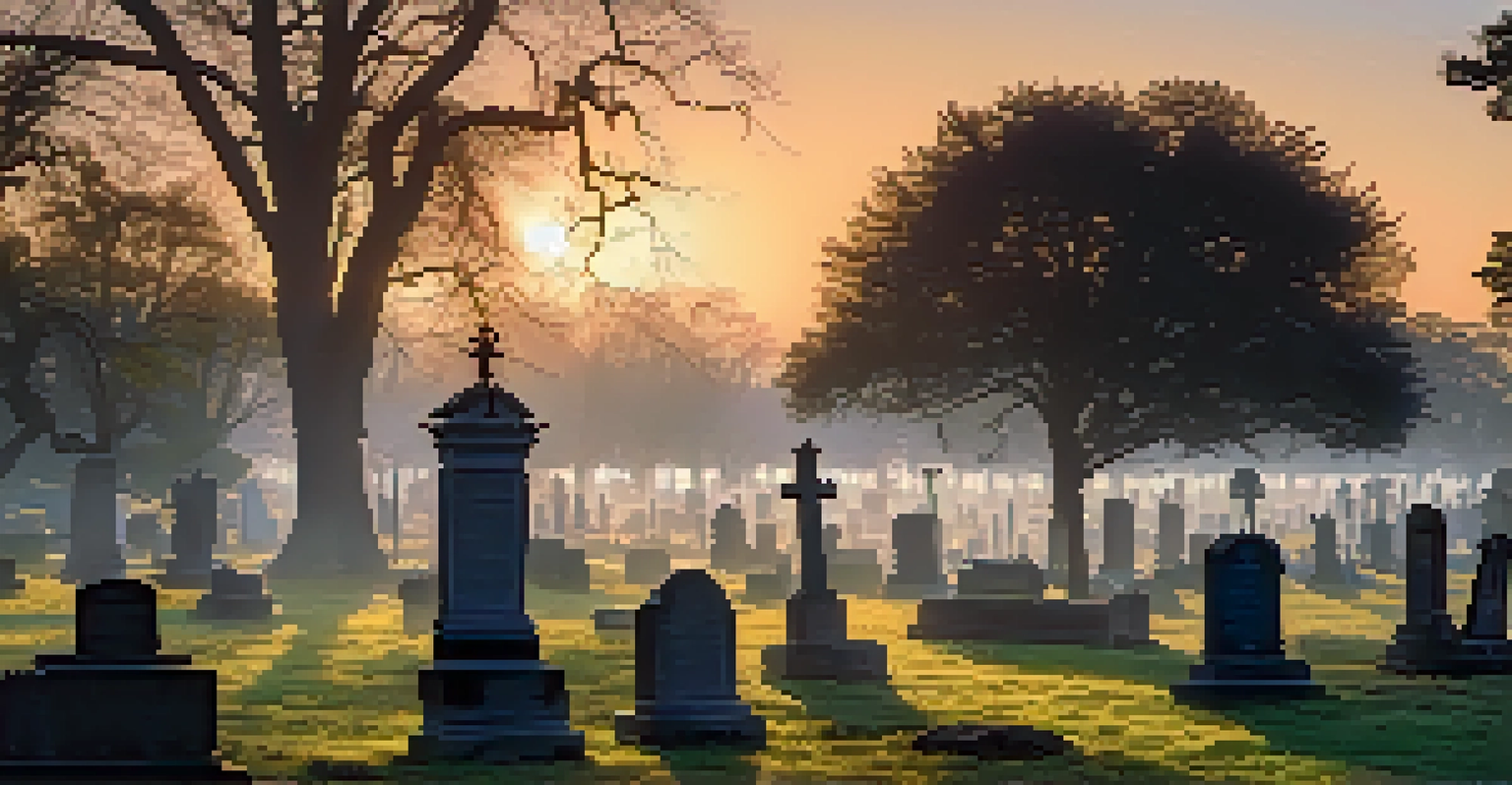 Twilight scene at Colonial Park Cemetery with gravestones, mist, ancient trees, and soft sunlight creating a haunting atmosphere.