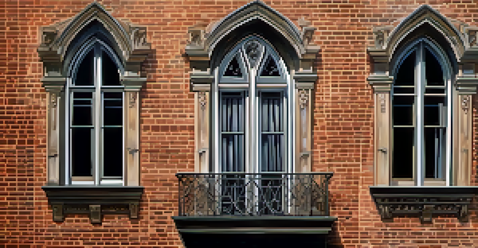 A detailed view of Gothic window frames and doorways on a historic building, showcasing intricate designs with warm afternoon light and textured surfaces.