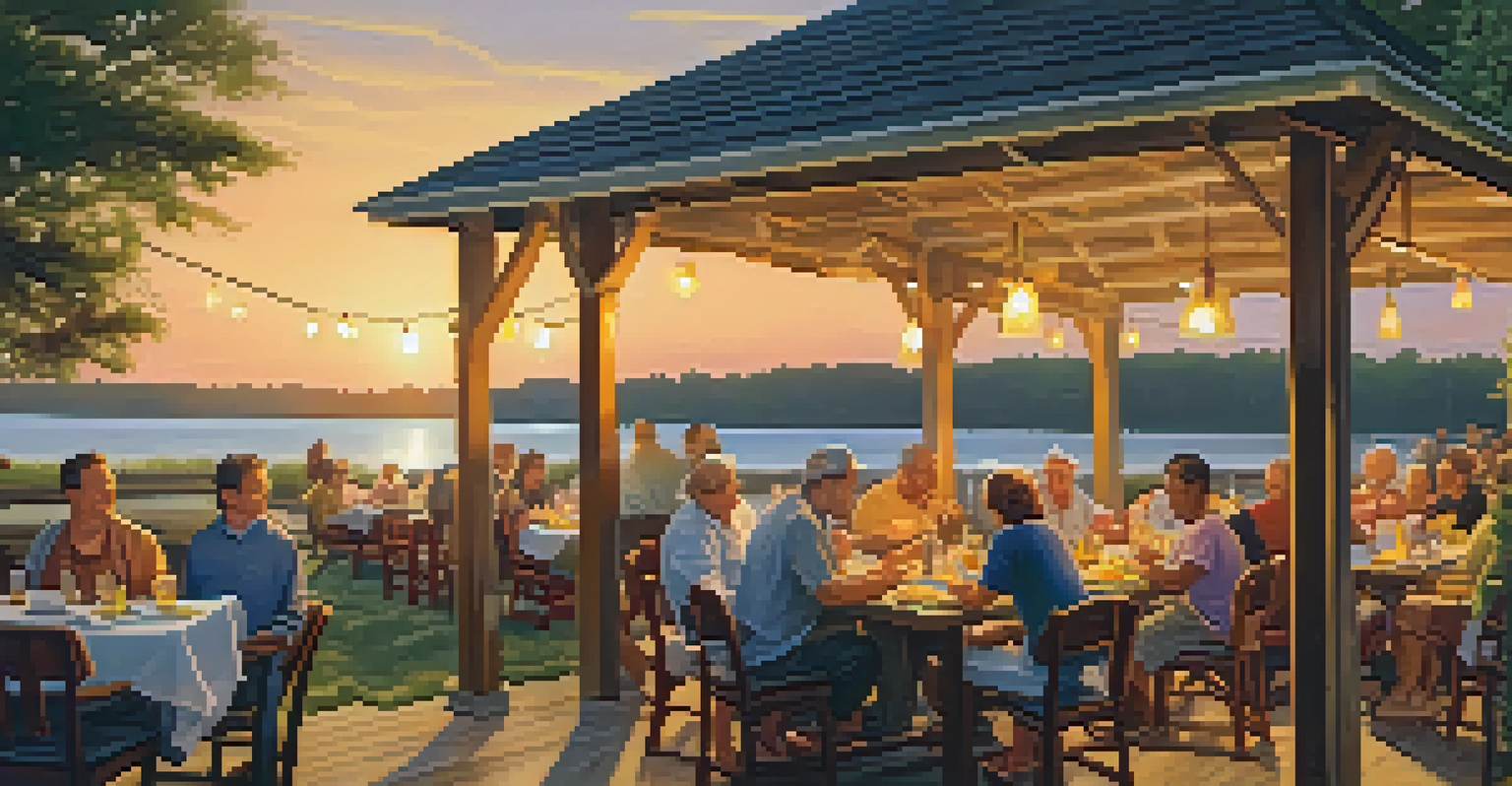 An outdoor seafood dining scene featuring a low-country boil on a picnic table surrounded by nature.