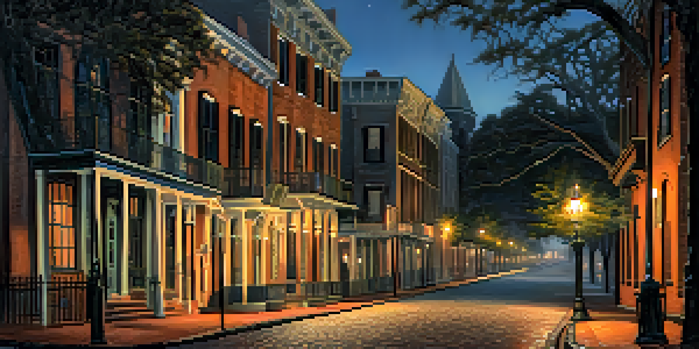 A night scene in Savannah's Historic District with cobblestone streets, warm street lamps, and antebellum architecture, featuring a subtle ghostly figure.