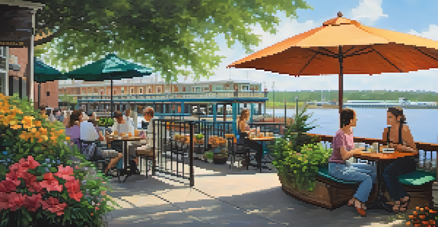 A charming café by the Savannah River with outdoor seating, featuring patrons enjoying food and drinks amidst vibrant flowers and greenery.