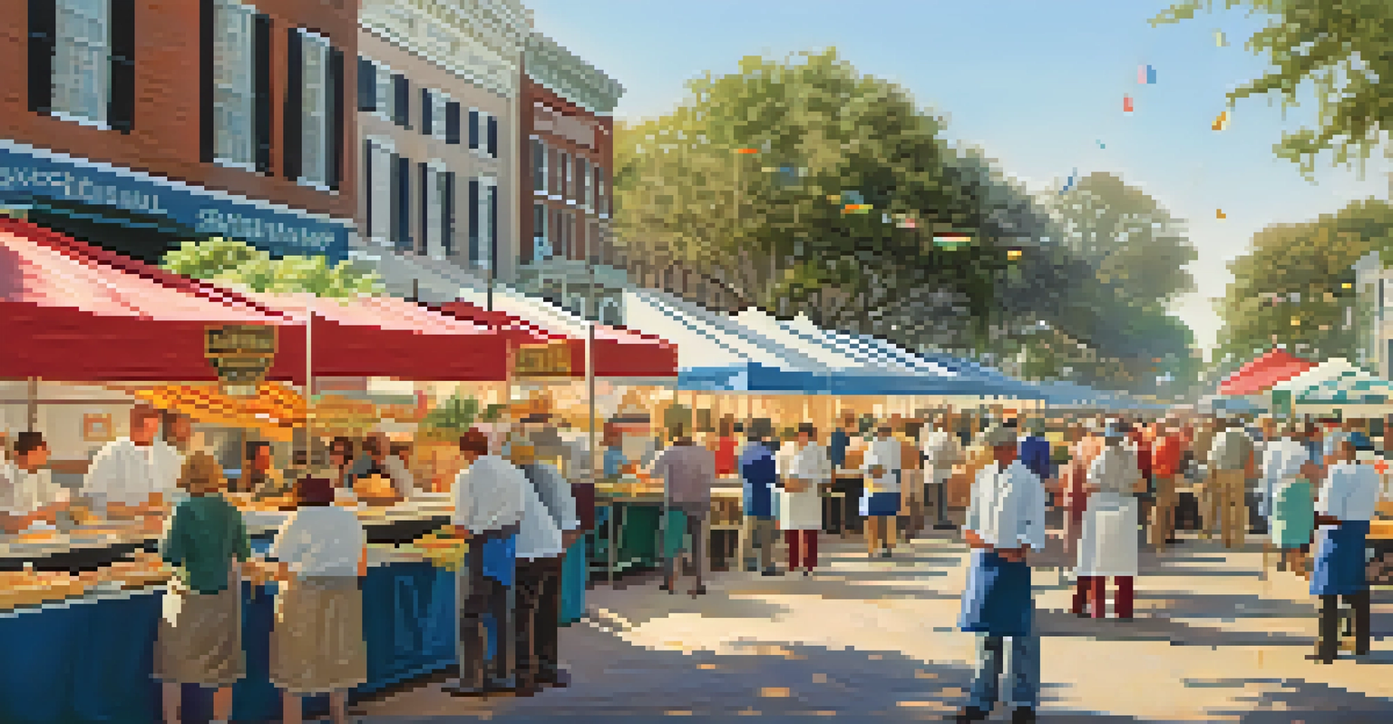 A vibrant food festival in Savannah with various stalls offering Southern cuisine, chefs preparing dishes, and visitors sampling food under colorful banners in warm afternoon light.