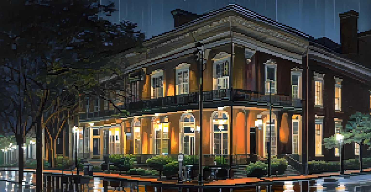 The Marshall House hotel at night, showing warm lights and shadows with a ghostly figure in a window.