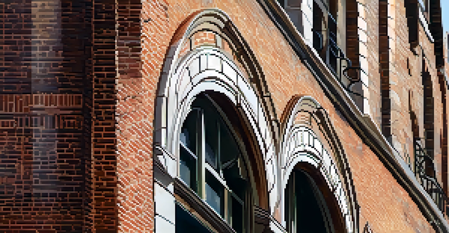 Close-up of the Old Cotton Exchange building's architectural details, highlighting brickwork and arched windows.